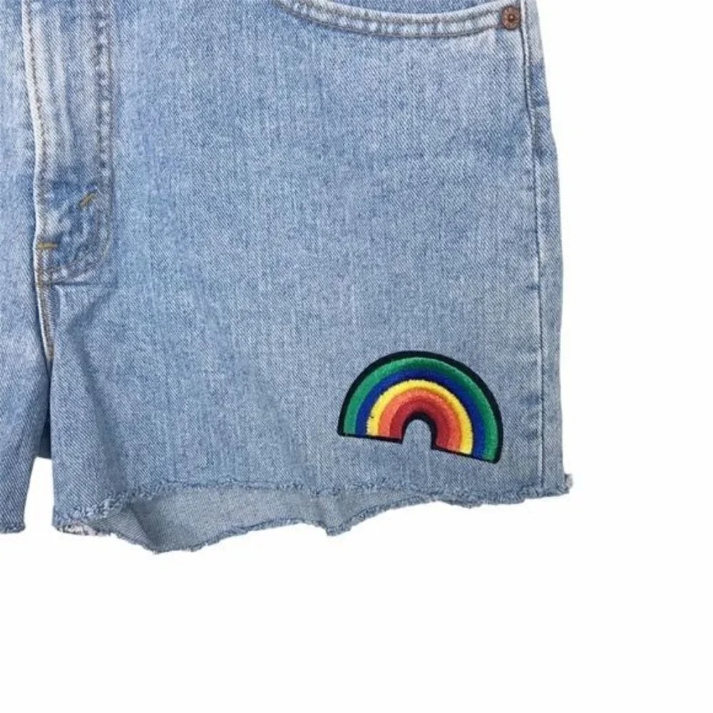 Vintage Levi's 550 Denim Hi Rise Cut Off Shorts with Rainbow and Star Patches